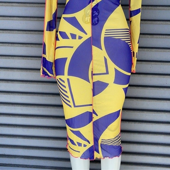 Fashion Nova Yellow and Purple Geometric Dress Mesh Dress Long Sleeve Size L - Picture 7 of 9